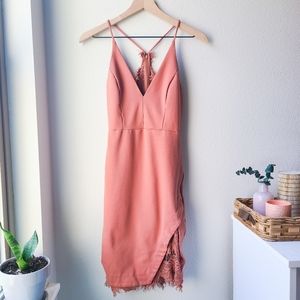 ASTR Peeking Lace V Neck Racerback Bodycon Dress in Coral Cedar